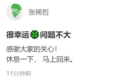 無對抗急停扭傷！張稀哲第9分鐘傷退，社媒報平安：很幸運問題不大